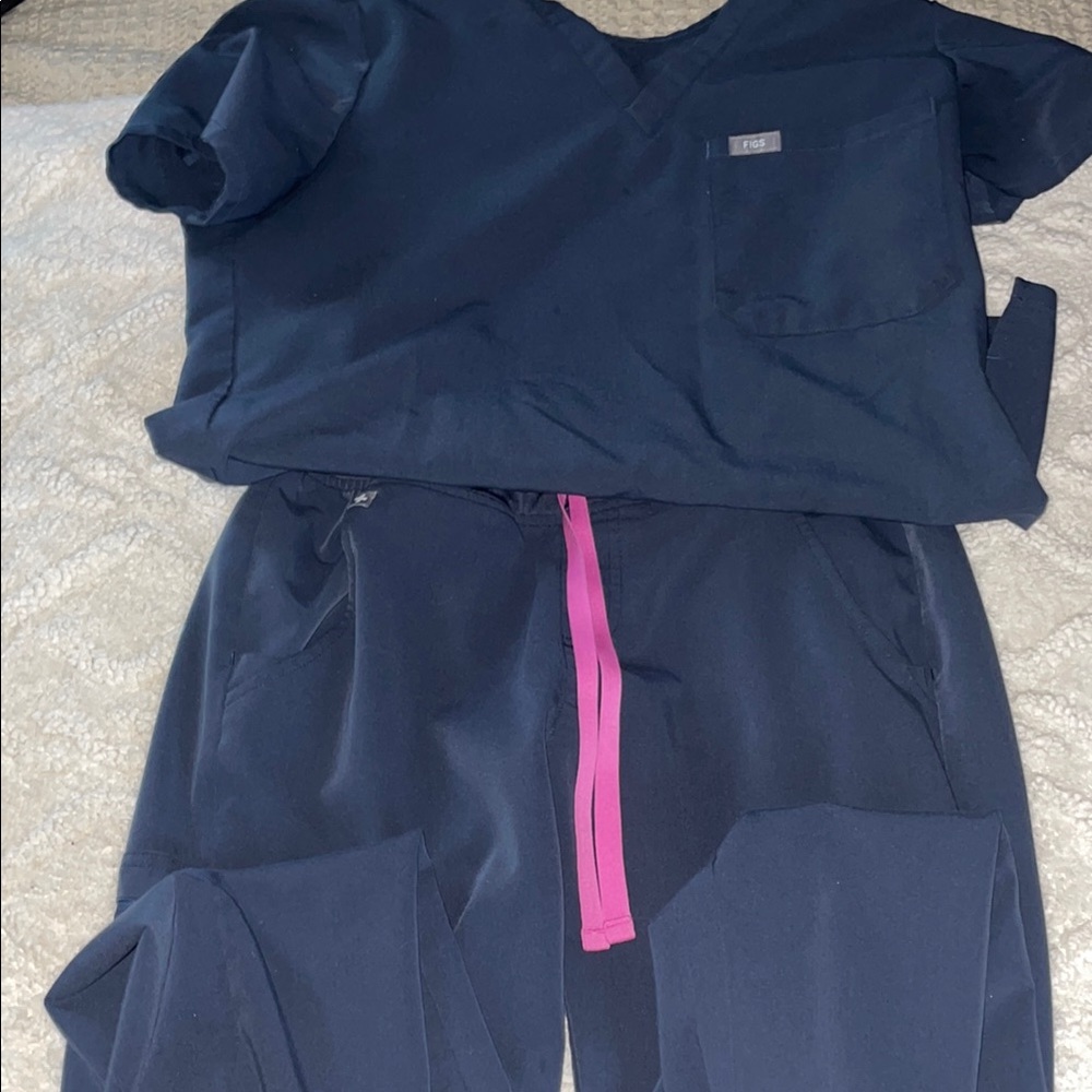 Navy Blue Scrub Set with Pink Drawstring